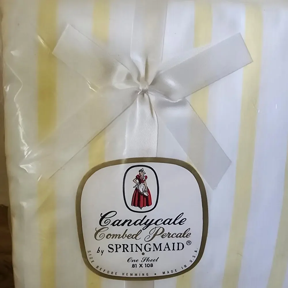 NOS Vintage Springmaid Candycale Combed Percale Flat Sheet 81x108 Yellow White